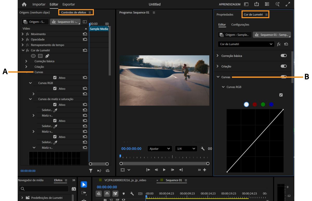 Uma imagem de visão geral que destaca os elementos da interface que podem ser usados para ajustar as Curvas RGB.Há dois painéis e configurações destacados: Controles de efeito e painéis de cores de Lumetri.