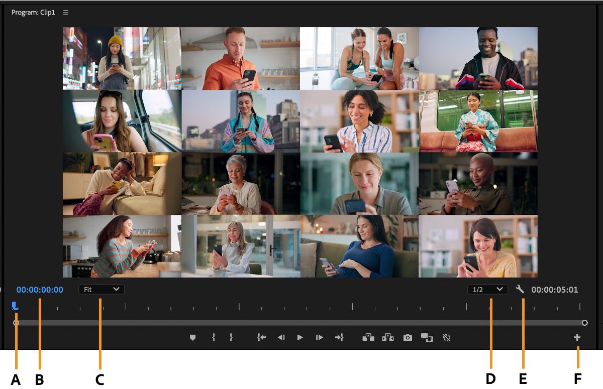 Una panoramica del Monitor programma in Premiere Pro evidenzia le sue varie funzionalità etichettate.
