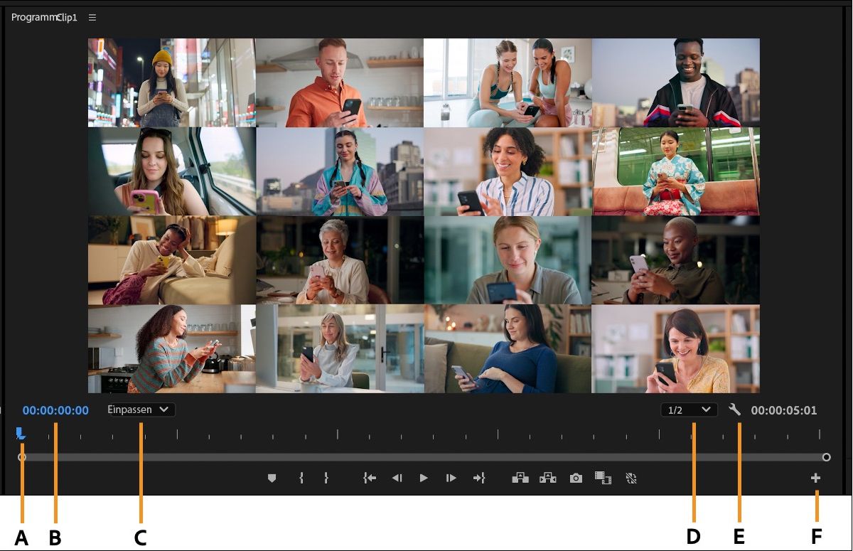 Ein Überblick über den Programmmonitor in Premiere Pro zeigt seine verschiedenen beschrifteten Funktionen.