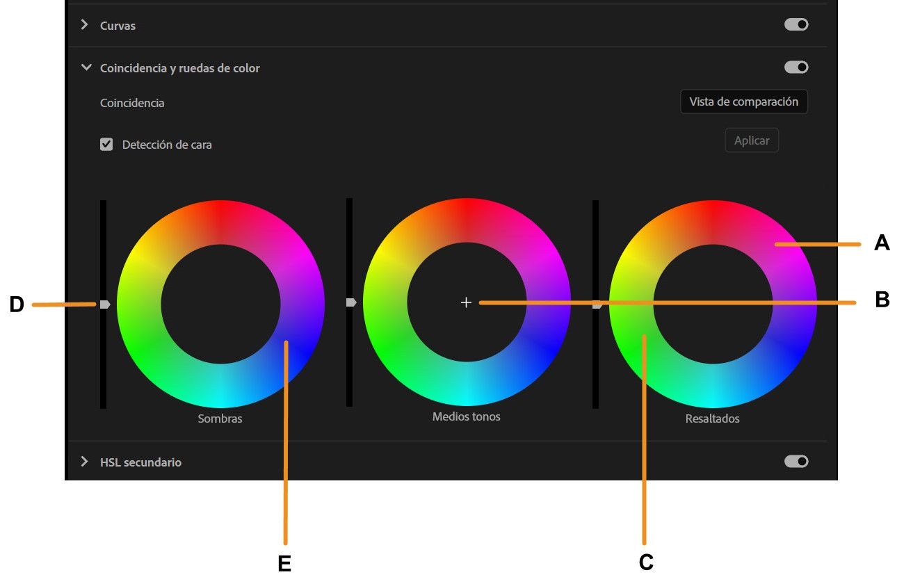 Información general de las funciones disponibles en la sección Ruedas de color del panel Lumetri Color.