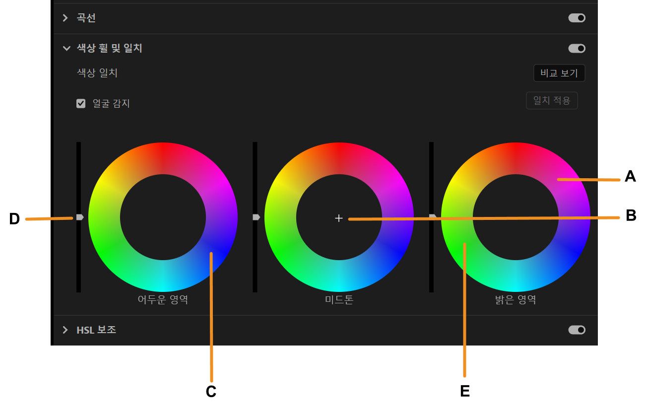 Lumetri Color 패널의 Color Wheels 섹션에서 사용할 수 있는 기능 개요.
