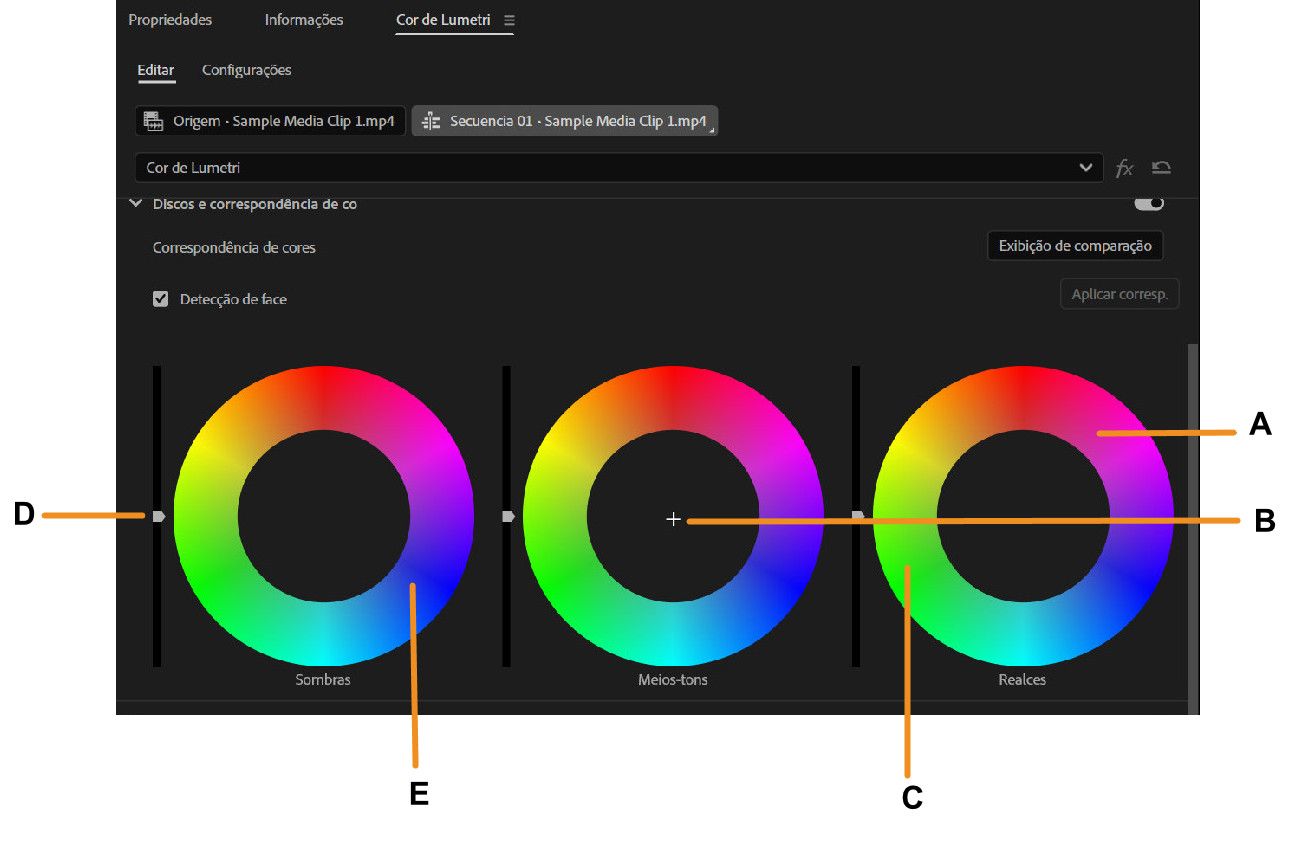 Uma visão geral das funcionalidades disponíveis na seção Rodas de cores do painel Lumetri Color.