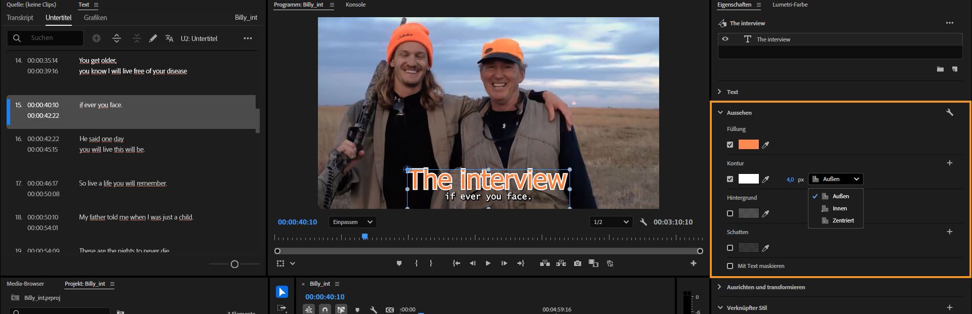 Bearbeite das Aussehen deines Titels über das Bedienfeld „Eigenschaften“.