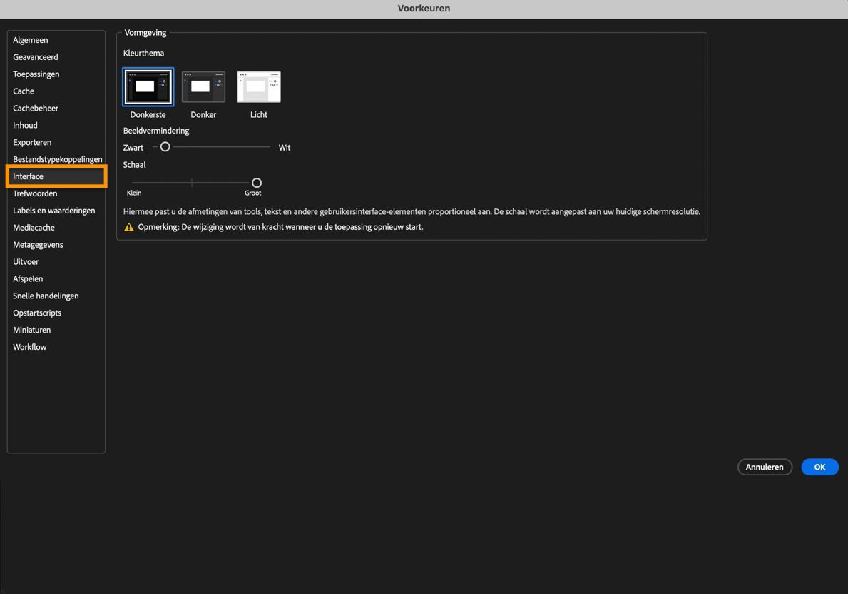 Het dialoogvenster Interface-voorkeuren wordt weergegeven met options om kleurenthema, afbeeldingsachtergrond en meer te kiezen.