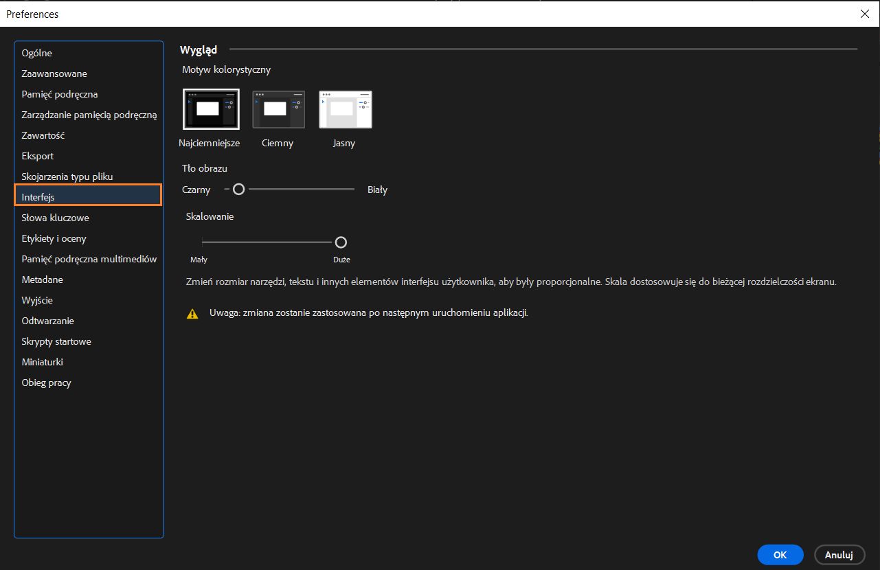 Opcja Skalowanie interfejsu użytkownika w preferencjach programu Bridge