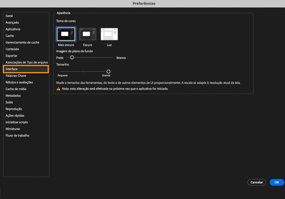 A caixa de diálogo Preferências da interface é exibida mostrando opções para escolher tema de cores, plano de fundo de imagem e muito mais.