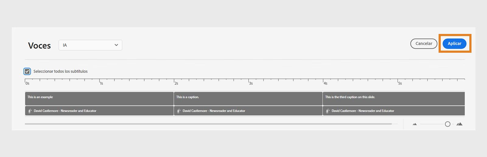 Seleccione Aplicar para asignar los agentes de voz a los subtítulos.