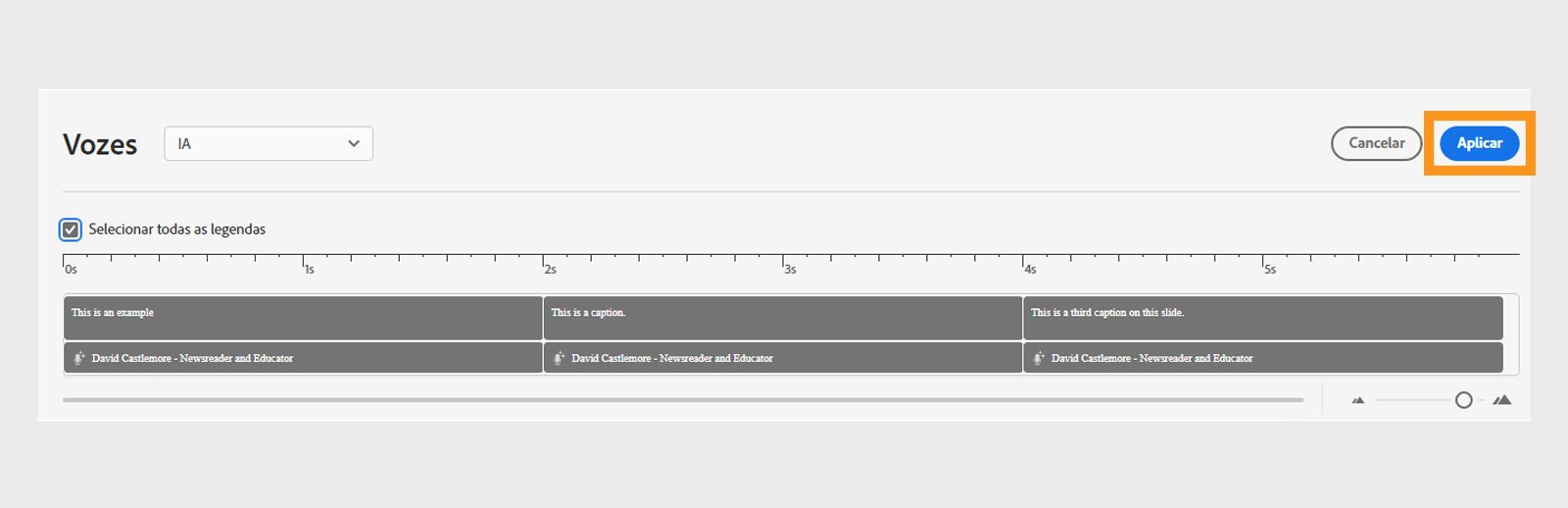 Selecionar Aplicar para atribuir os agentes de fala às legendas