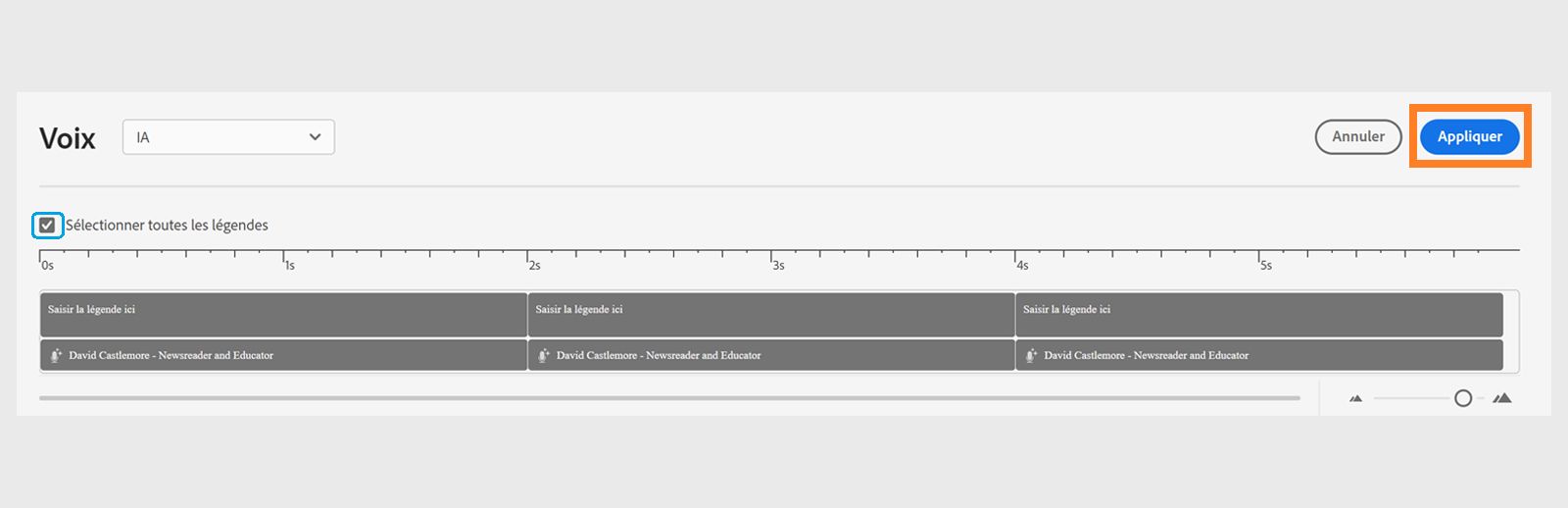 Sélection du bouton Appliquer pour affecter les agents vocaux aux sous-titres