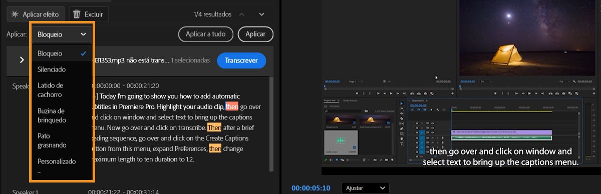 Menu suspenso “Aplicar”, mostrando opções de selecionar um tom de censura, como censura ou silenciamento, para palavras sinalizadas.