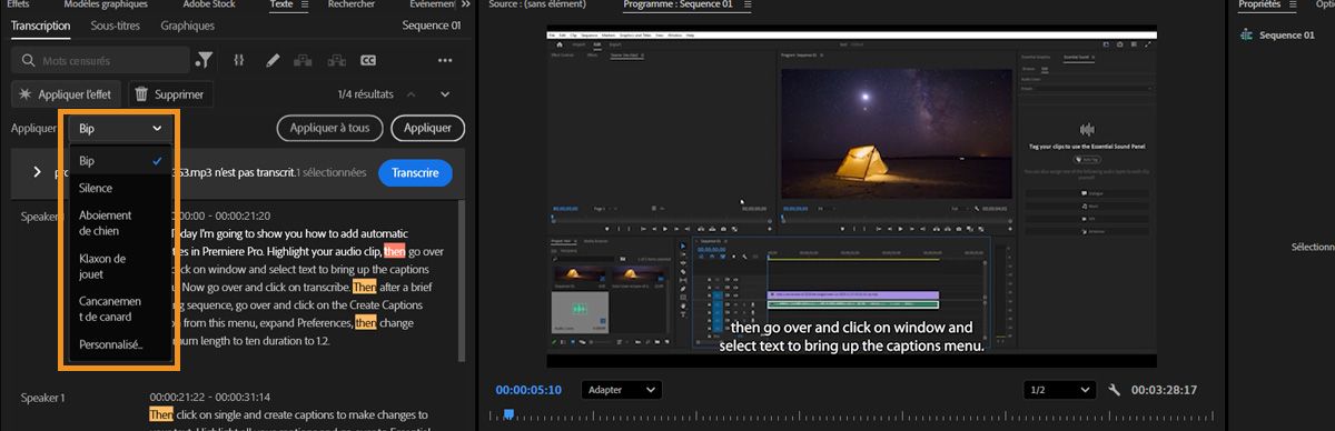 Menu déroulant Appliquer montrant les options pour sélectionner un ton de censure, comme le bip ou la sourdine, à l’égard des mots signalés.