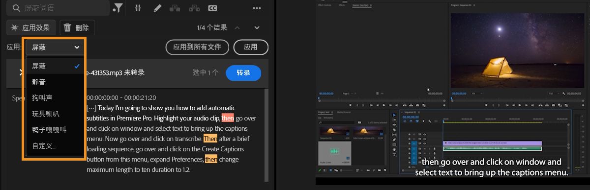 “应用”下拉菜单显示选择用于已标记词语屏蔽音调的选项，如哔声或静音。