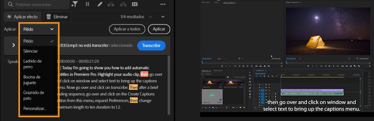 Menú desplegable Aplicar mostrando opciones para seleccionar un tono de censura, como Pitido o Silencio, para palabras marcadas.