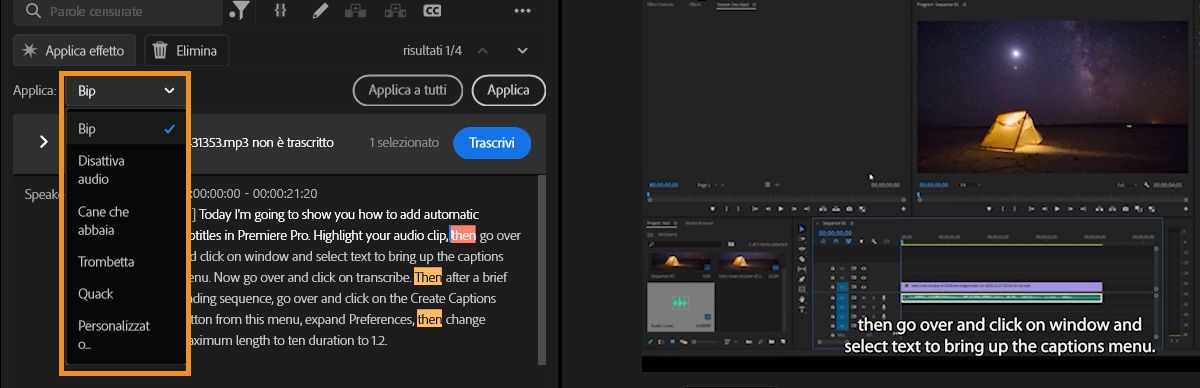 Menu a discesa Applica che mostra le opzioni per selezionare una tonalità di censura, come Bip o Silenzia, per le parole contrassegnate.