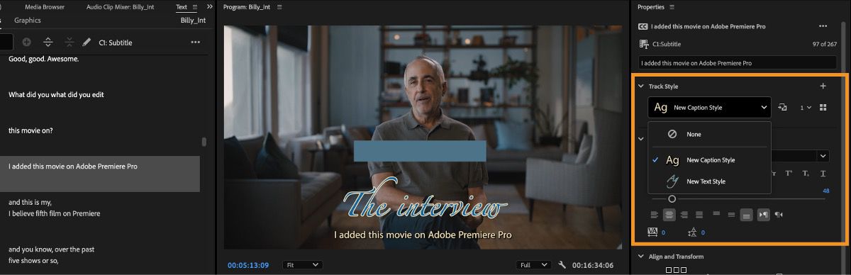 La capa de texto o la pista de subtítulos se pueden vincular al estilo mediante acciones rápidas en el panel Propiedades.