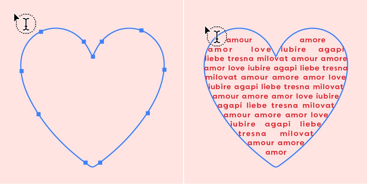 A text is placed within a heart shape using the area type tool