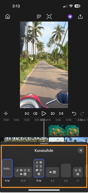 Kuvasuhteet näyttävät pieniä neliö-, pysty- ja vaakanäyttömuotojen esikatseluja videollesi sopivan koon valinnan avuksi.