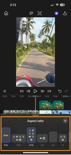 Aspect ratio options showing small previews of square, portrait, and landscape formats to help pick the right size for your video.