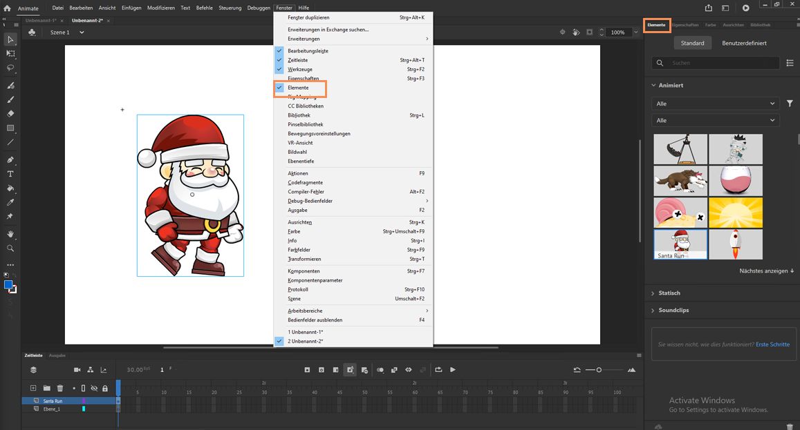 Position des Bedienfelds „Elemente“