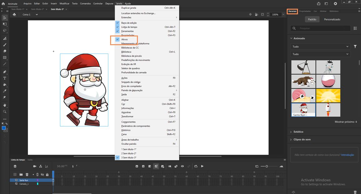 Localização do painel Ativos