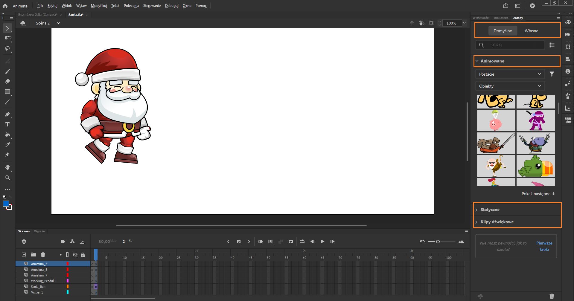 Zakładki i sekcje w panelu Zasoby