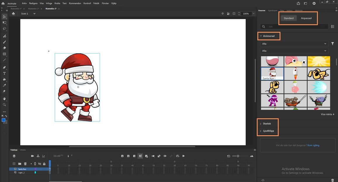 Flikar och delar på panelen Resurser