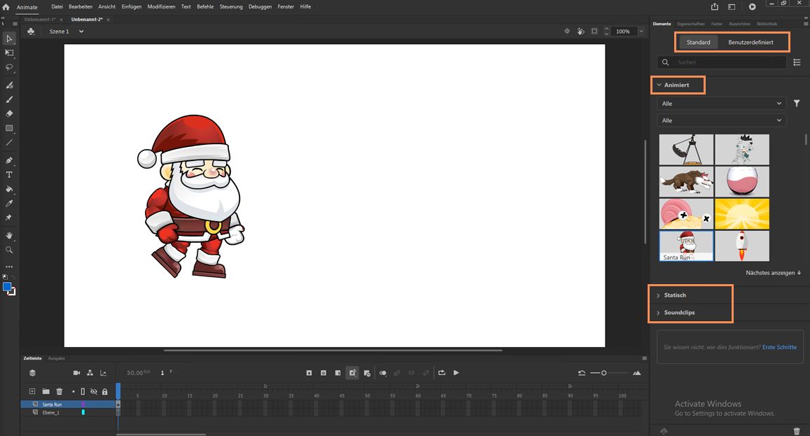 Registerkarten und Abschnitte im Bedienfeld „Elemente“