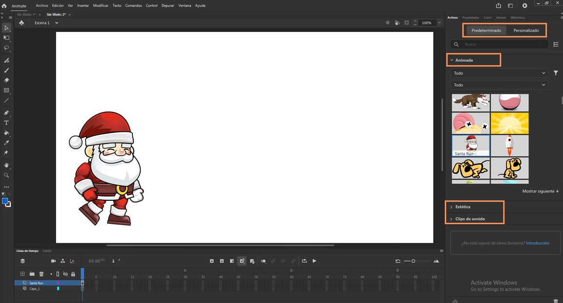 Pestañas y secciones del panel de Recursos