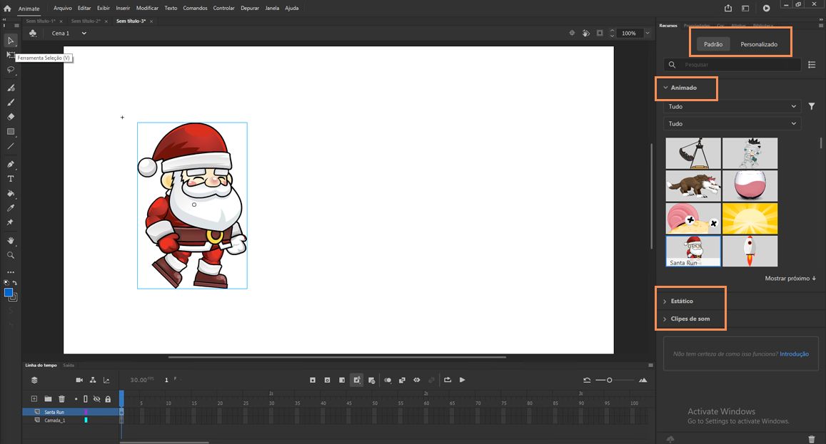 Guias e seções no painel Ativos