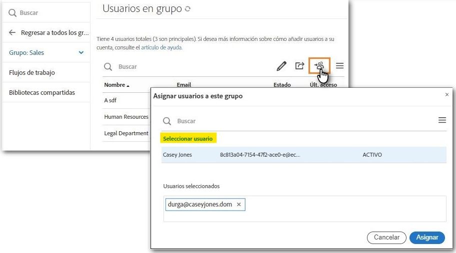 La interfaz Configuración de usuario con la opción Asignar usuarios resaltada y la interfaz Seleccionar abierta para permitir seleccionar el usuario que se añadirá al grupo