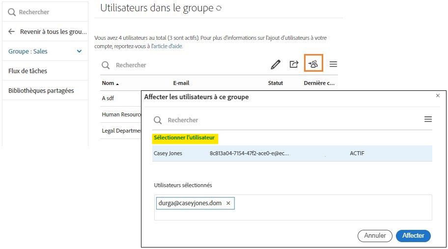 Interface Paramètres utilisateurs avec l’option Affecter des utilisateurs en surbrillance et l’interface Sélectionner ouverte pour permettre la sélection de l’utilisateur à ajouter au groupe