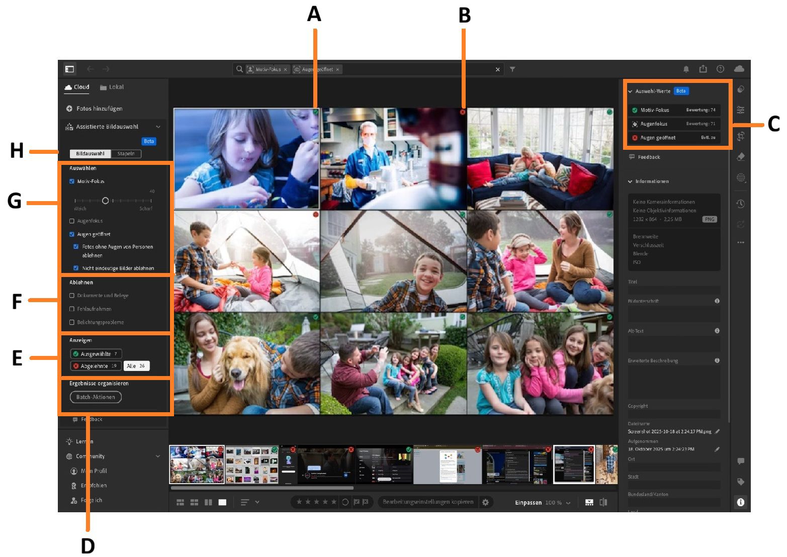 Ein Album mit Kindern ist auf der Arbeitsfläche von Lightroom geöffnet, wo die Übersicht der assistierten Bildauswahl hervorgehoben ist.