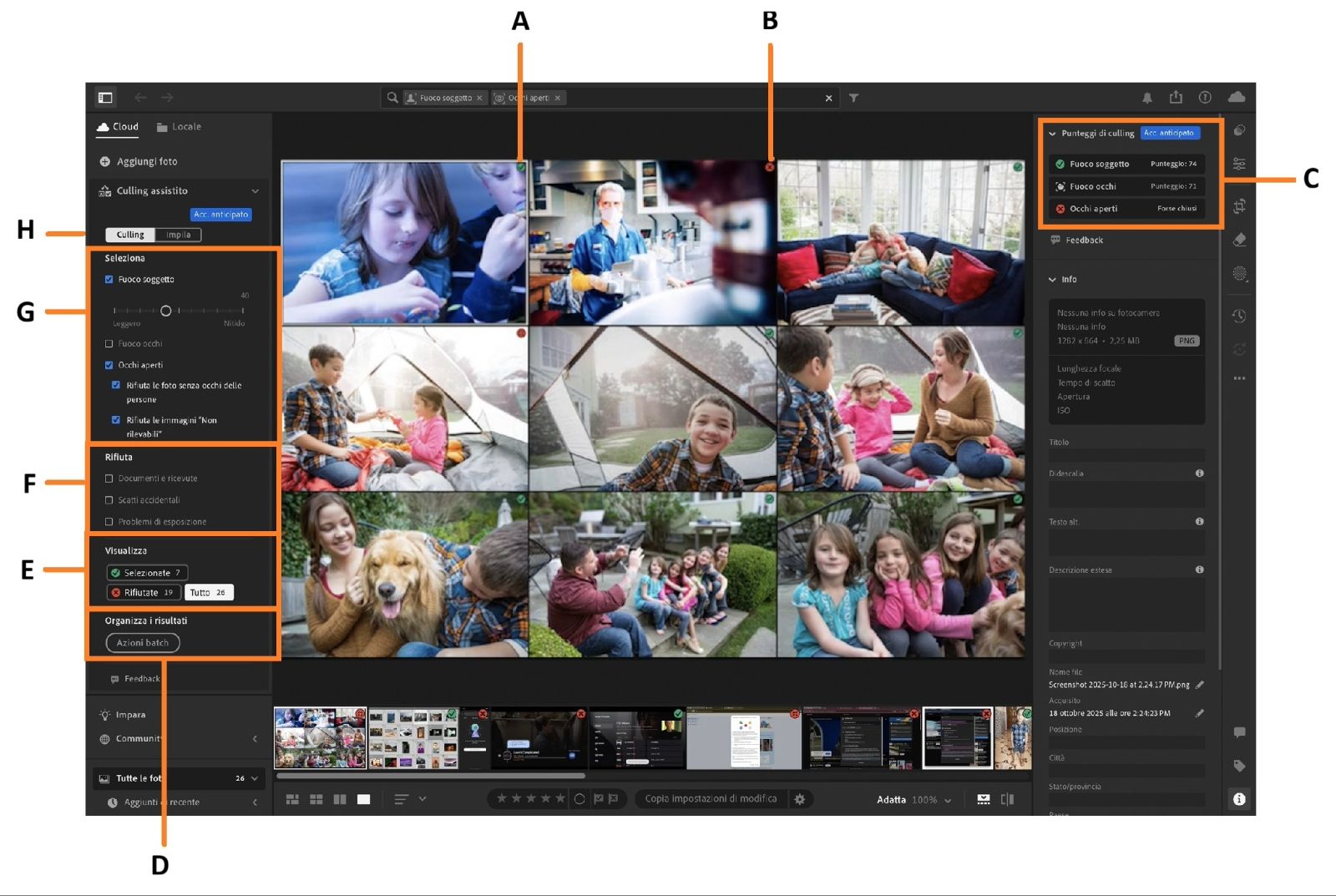 Un album di bambini è aperto nell'area di lavoro di Lightroom dove è evidenziata la panoramica del culling assistito.
