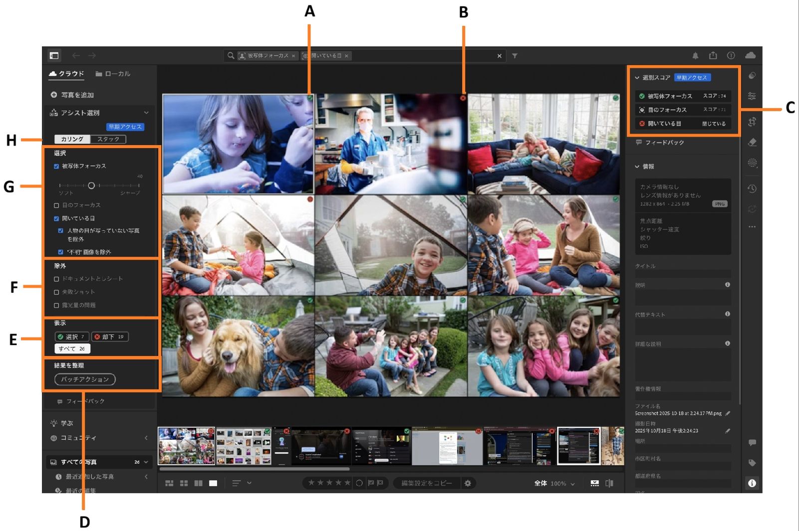 子供たちのアルバムが Lightroom カンバスで開かれ、アシスト選別の概要が強調表示されています。