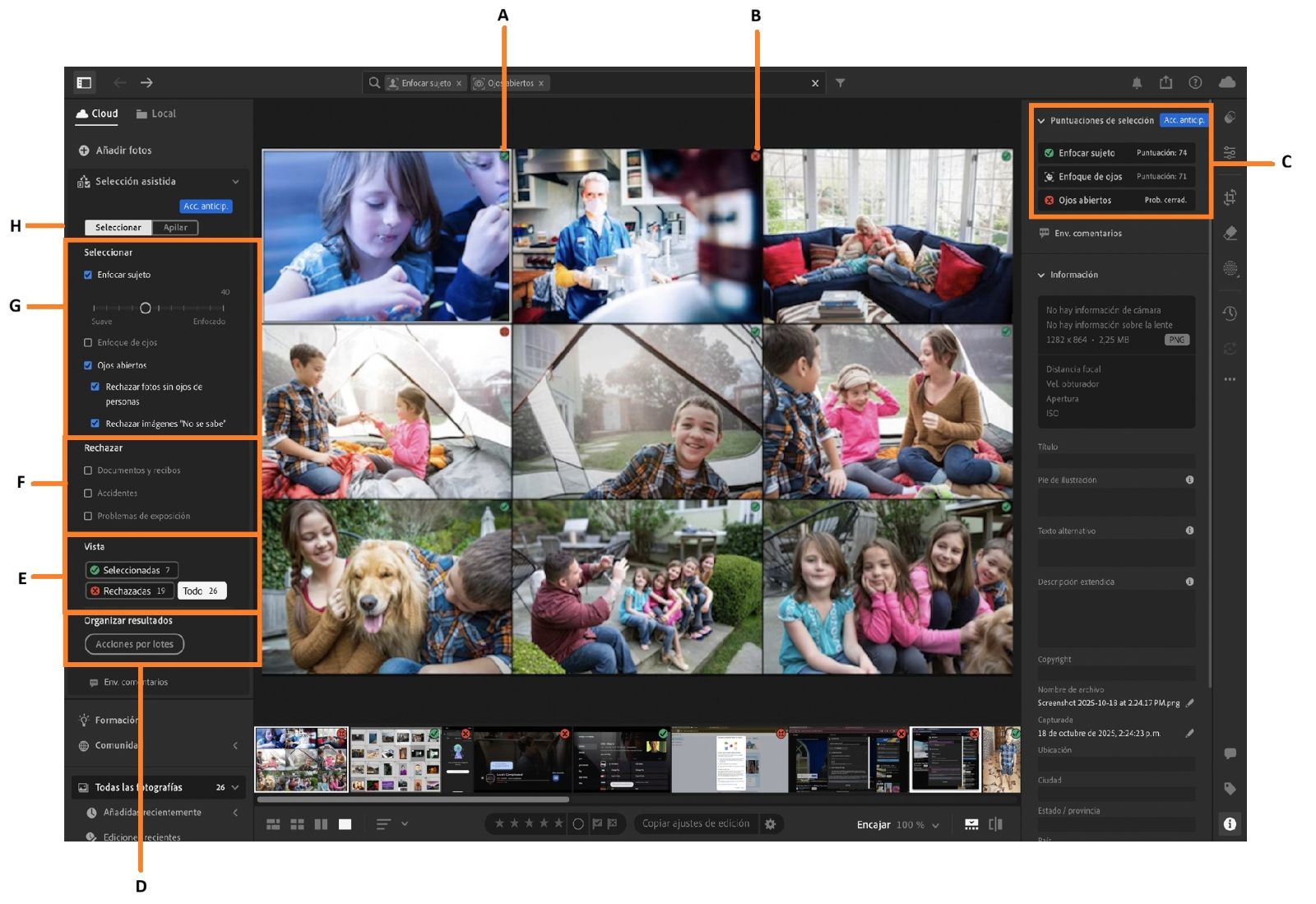 Un álbum de fotos de niños abierto en el lienzo de Lightroom, donde la información general de Selección asistida aparece resaltada.