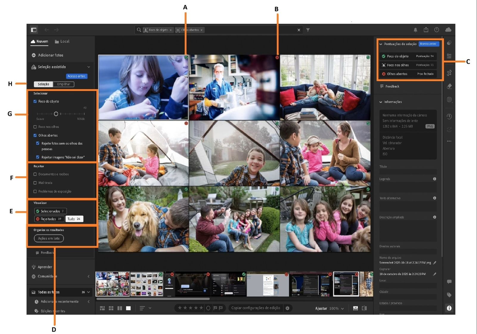 Um álbum de crianças é aberto na tela do Lightroom, onde a visão geral da Seleção assistida está destacada.