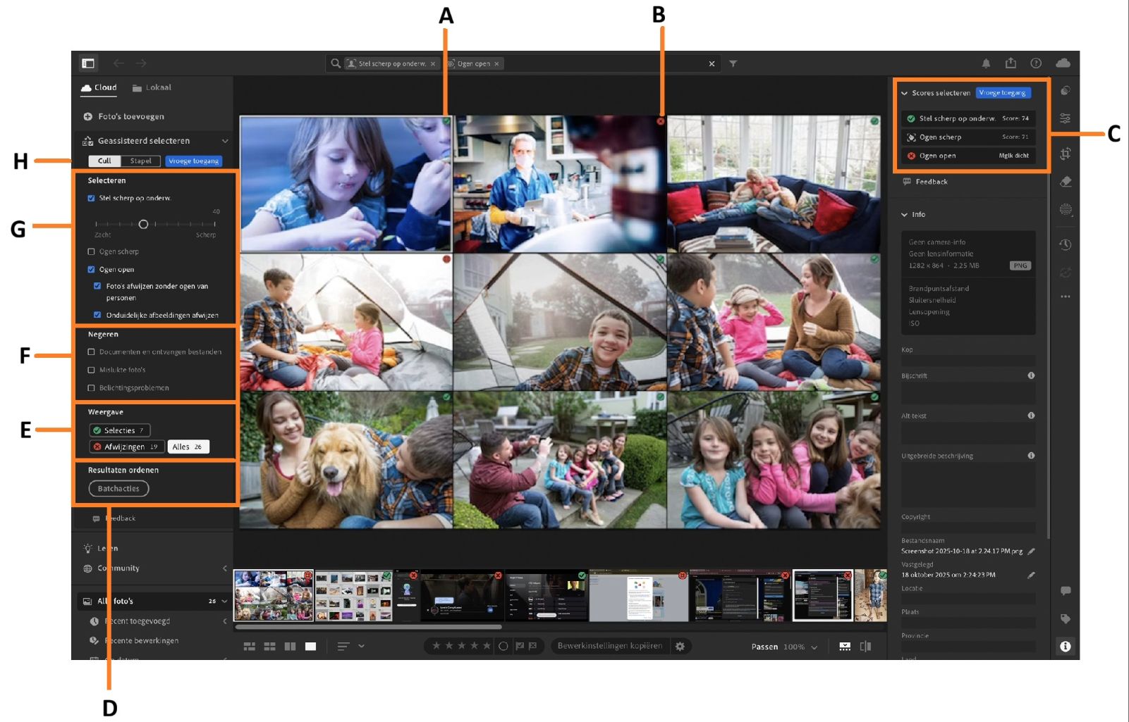 Een album met kinderen is geopend op het Lightroom-canvas waar een overzicht van Geassisteerd selecteren is gemarkeerd.