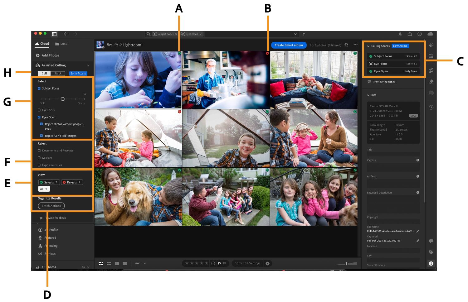 An album of kids is opened on Lightroom canvas where Assisted culling overview is highlighted.