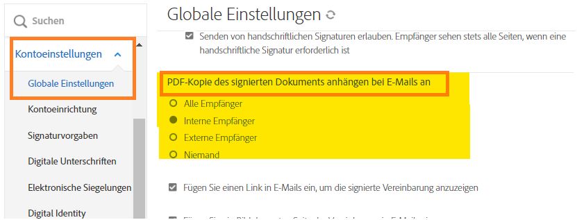 Angehängte PDF in E-Mail – Steuerelemente