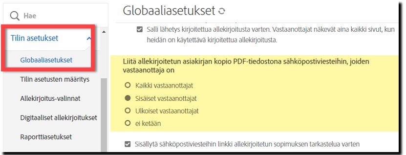 Liitteenä oleva PDF sähköpostin ohjaimissa