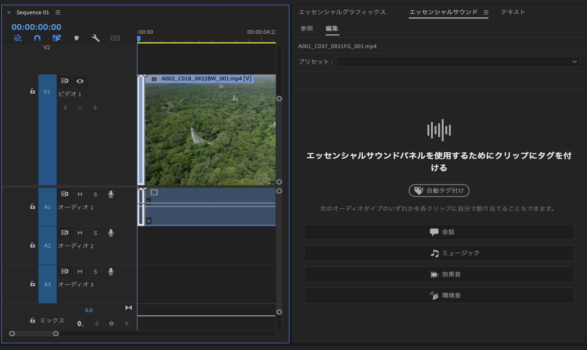自動タグ付け機能がハイライト表示された、エッセンシャルサウンドパネルを示す UI。