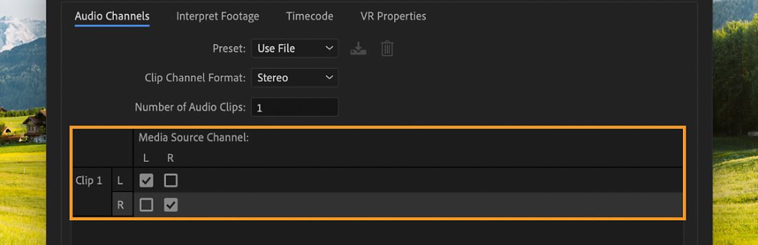 Cuadro de diálogo Audio Channels que muestra los canales del clip asignados a los canales de origen izquierdo y derecho.