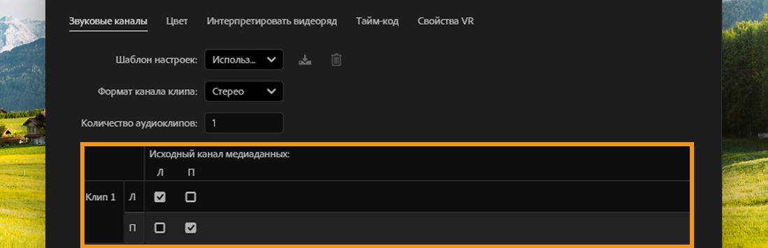 Диалоговое окно «Аудиоканалы», показывающее каналы клипа, сопоставленные с левым и правым каналами источника.