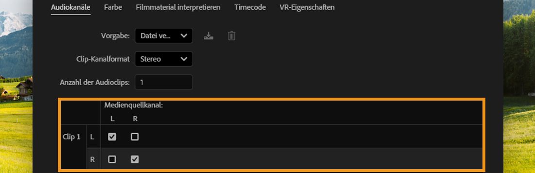 Dialogfeld „Audiokanäle“, das Clip-Kanäle zeigt, die den linken und rechten Quellkanälen zugeordnet sind.