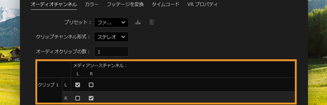 左右のソースチャンネルにマッピングされたクリップチャンネルを表示しているオーディオチャンネルダイアログ。