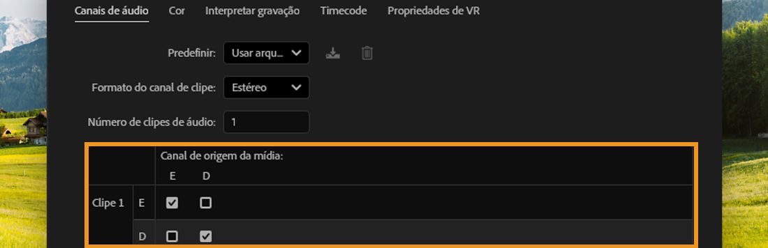 Caixa de diálogo “Canais de áudio”, mostrando os canais dos clipes mapeados para os canais de origem esquerdo e direito.