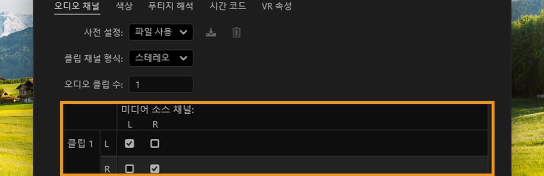 왼쪽 및 오른쪽 소스 채널에 매핑된 클립 채널을 보여주는 오디오 채널 대화 상자.