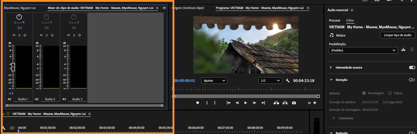 Painel “Mixer de clipes de áudio” no Premiere Pro, com medidores de volume verticais e controles de panorâmica realçados para três faixas de áudio separadas.