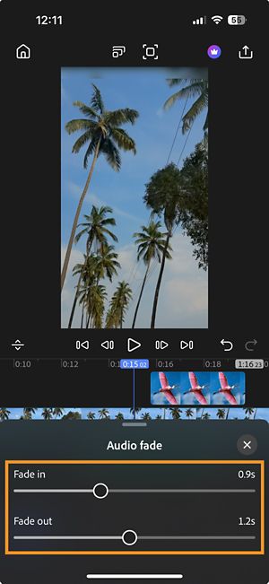 แผงเฟดเสียงอัตโนมัติจะแสดงแถบเลื่อน เฟดเข้า และ เฟดออก พร้อมกับค่าระยะเวลาในหน่วยวินาที