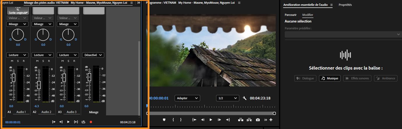 Panneau Mixage de pistes audio avec les curseurs de volume et les boutons de balance mis en évidence sur plusieurs pistes audio, y compris une piste de mixage principale.